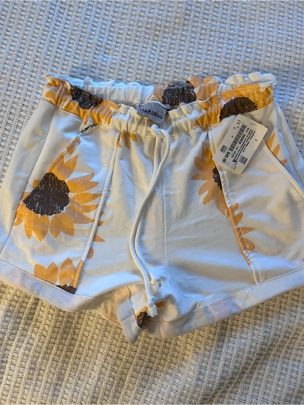 Harlow White Sunflower Print Drawstring Athletic Shorts